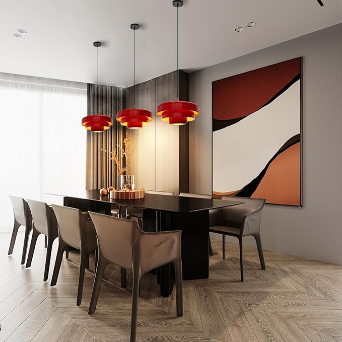 Red Pendant Light, Industrial Metal Pendant Light Fixtures, 3-Layer Shade Design, 13.8-inch Dome, Red Finish, Kitchen Light Fixtures for Dining Table