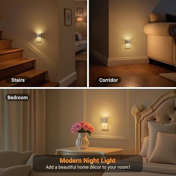 JandCase Night Light, Automatic Night Lights Plug into Wall,2 Pack Dusk to Dawn Sensor Nightlight, 3000K Soft White Brightness Adjustable Nightlight for Kids Bedroom Hallway Kitchen Decor