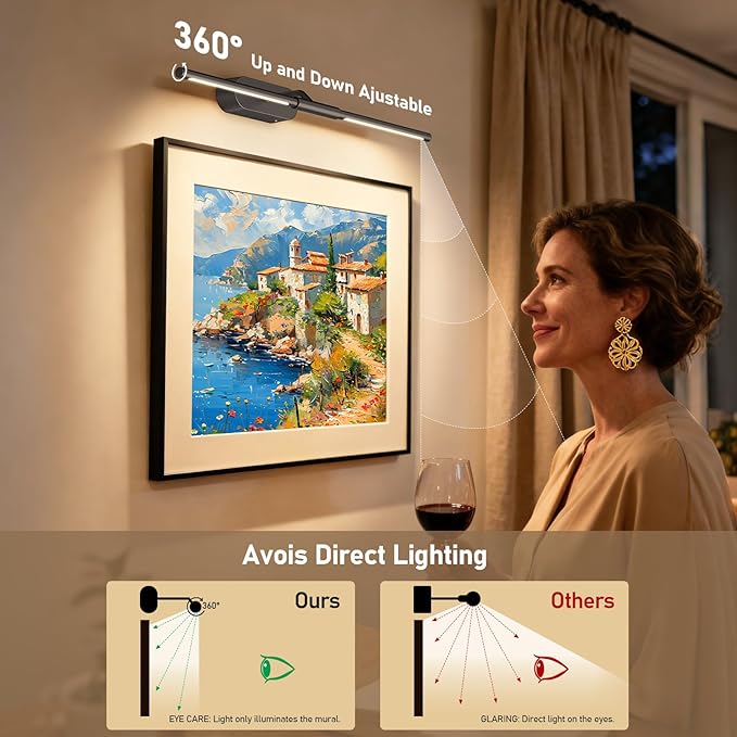 Glendan Wireless Picture Light for Wall: 24" Rechargeable Art Light with Remote & Timer, 8000mAh Battery Operated Poster Lights, 3 Color Modes & 3 Brightness Levels for Pictures, Gallery, Frame