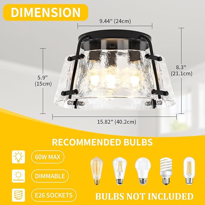 Modern Black Semi Flush Mount Ceiling Light 3-Light Hammered Glass Kitchen Lighting Fixtures Ceiling Hallway Lights Flush Mount Chandelier for Entryway Dining Room Bathroom Bedroom Foyer Lighting
