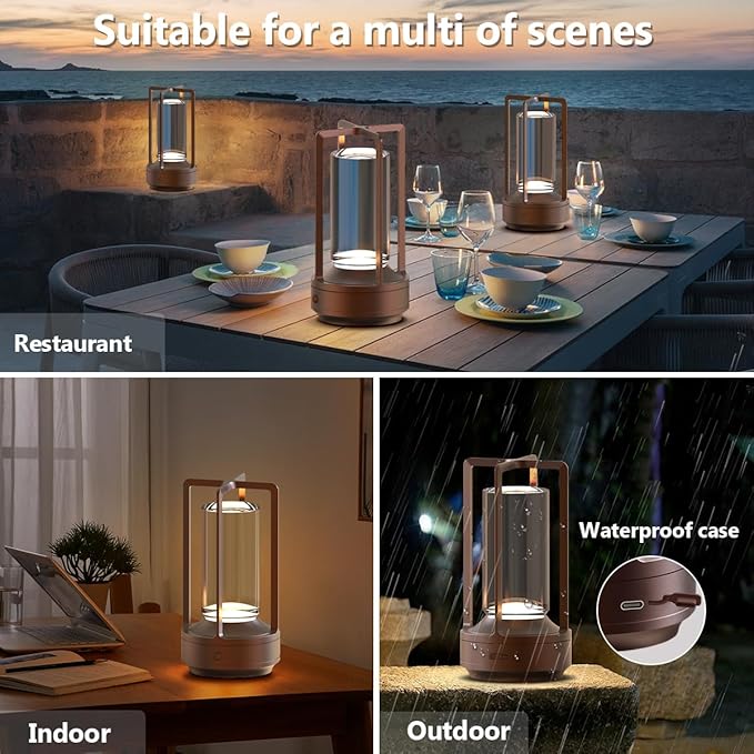 Cordless Portable Table Lamp Rechargeable for Indoor/Outdoor, 3000mAh Small Battery Powered Operated Lights, 3 Color Modes Dimmable Waterproof, LED Desk Lamp for Restaurant/Bedroom/Camping (Brown)
