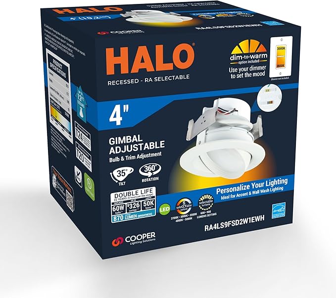 HALO RA 4 inch LED Recessed Light Trim with Adjustable Gimbal, Selectable Lumens and Selectable Color Temperature, Dim-to-Warm Feature, Damp Location Rated RA4LS9FSD2W1EWH