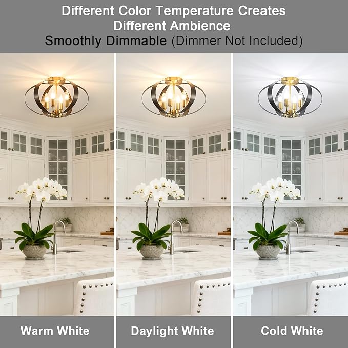 Black and Gold Semi Flush Mount Ceiling Light, 4-Light Farmhouse Modern Light Fixtures Ceiling Mount, Metal Cage Chandelier Lamp for Kitchen, Hallway, Entryway, Living Room, Bedroom