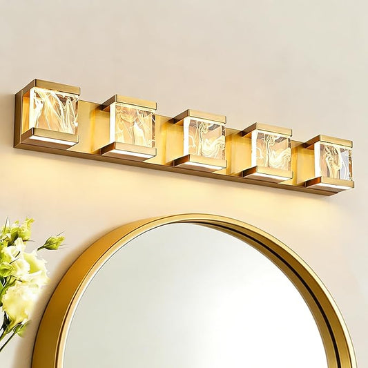 MELUCEE LED Bathroom Lighting Fixtures Over Mirror 25W 3000K Warm Lighting, 5 Lights Brass LED Vanity Lighting Bar with Unique Smoke Acrylic Panel, Wall Sconces for Bath Powder Room Entryway