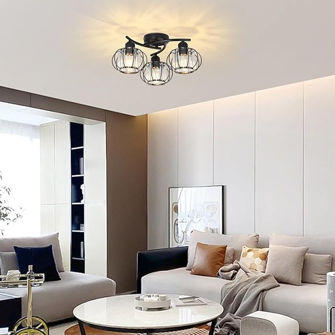 3-Light Crystal Semi Flush Mount Ceiling Light,Black Modern Close to Ceiling Light Fixtures,Kitchen Light Fixtures with Clear Crystal Shade,Hallway Light Fixtures for Hallway Bedroom Bathroom