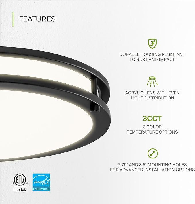 ASD LED 14" Round Flush Mount Lighting, Close to Ceiling Light Fixture | 3CCT, Dimmable, Energy Star, ETL Listed | 21W 1675LM 3000-5000K 120V | Low Profile Double Ring Lamp | Black, 4 Pack
