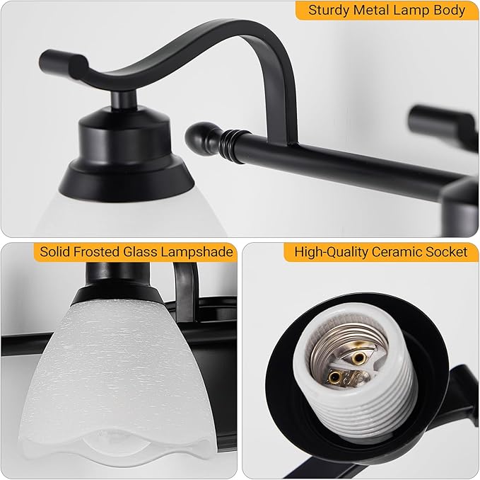 WJShome 3-Light Bathroom Light Fixture, 19.5" Vintage Vanity Lights with Frosted Glass Shades, Farmhouse Black Wall Light Fixtures, for Mirror, Living Room, Cabinet, Bedroom, Porch