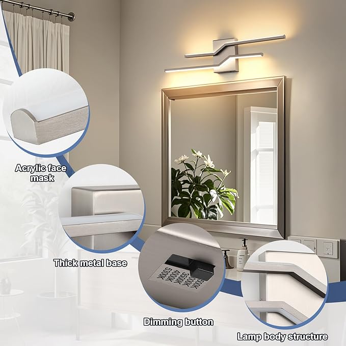 24 Inch Vnaity Lighting Led Bathroom Lights Over Mirror Brushed Nickel Dimmable 5CCT 24W Modern Bath Vanity Lights Bar Wall Sconces