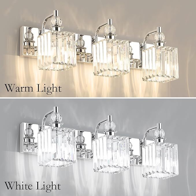 Ralbay Modern Crystal Vanity Light 3 Light 24''Bathroom Lights Fixtures Over Mirror Chrome Vanity Light for Bathroom Wall Lighting