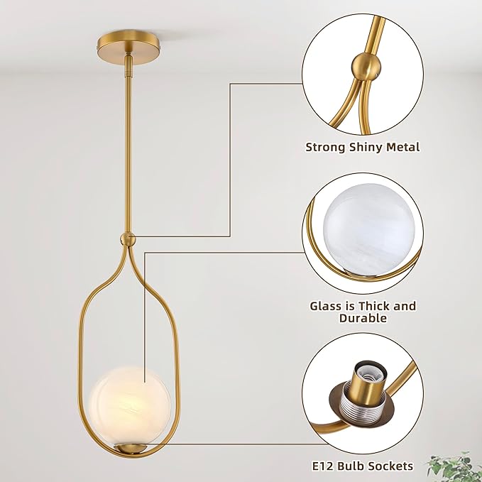Globe Pendant Light, Modern Bubble Chandelier and Hand Blown Glass Chandelier with Gold Brass Finish Adjustable Rods for Kitchen Island Dinning Room Bedroom Living Room Home Owners