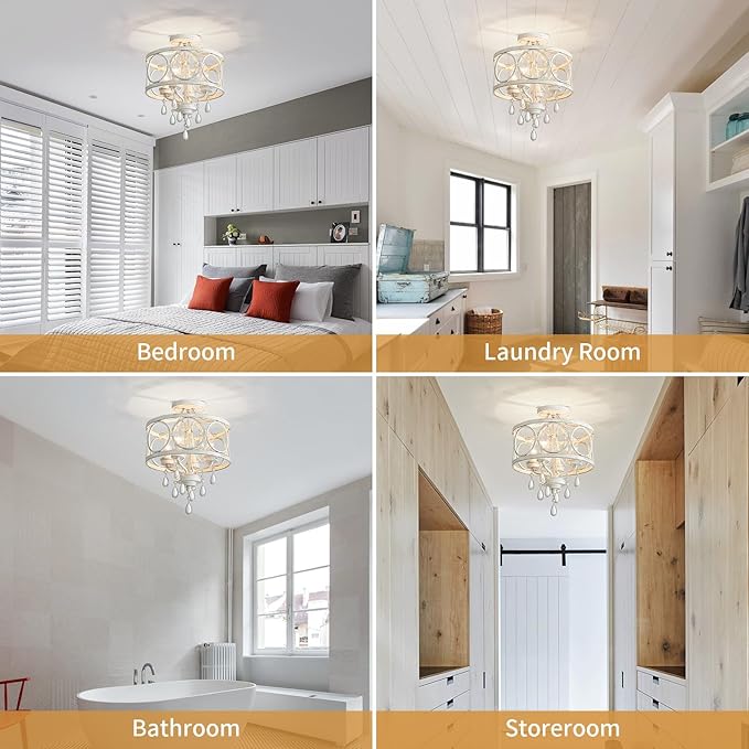 Crystal Ceiling Light Fixture, Modern Semi Flush Mount Ceiling Light, 4-Light White Round Crystal Chandelier Hallway Lighting Fixtures for Bedroom Bathroom Foyer Entryway Dining Room Kitchen