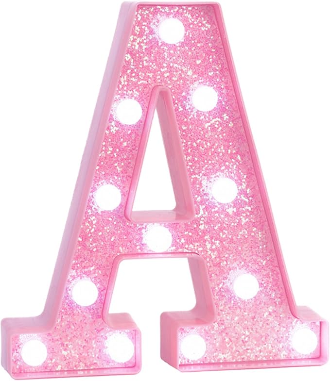 Pink Marquee Light Up Letters, Glitter Alphabet LED Letter Lights for Pink Birthday Party Decorations, Battery Operated Letter Sign for Girls Room Vanity Table Decor, Cool White Lights Letter A
