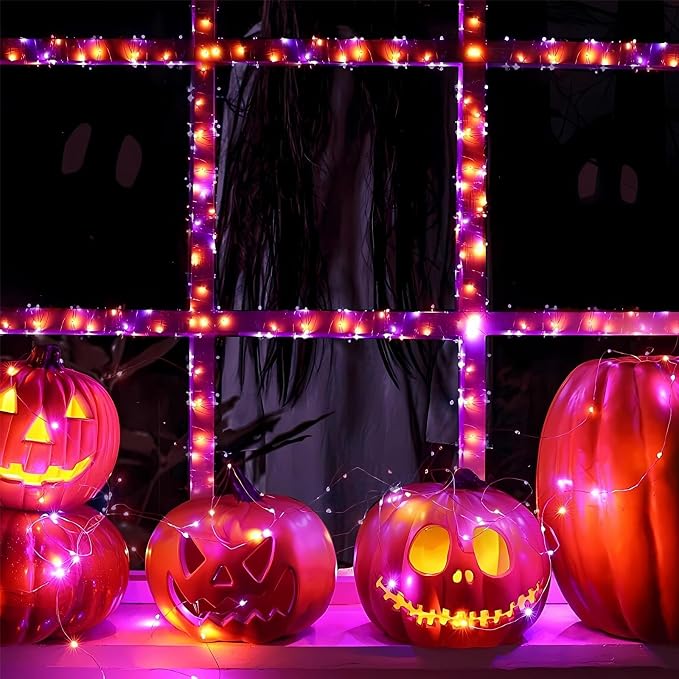 66Ft 200 LED Halloween Fairy Lights Plug in, 8 Modes String Lights with Timer for Outdoor & Indoor, Waterproof Twinkle Lights for Bedroom Garden Party Patio Halloween Decorations (Purple&Orange)