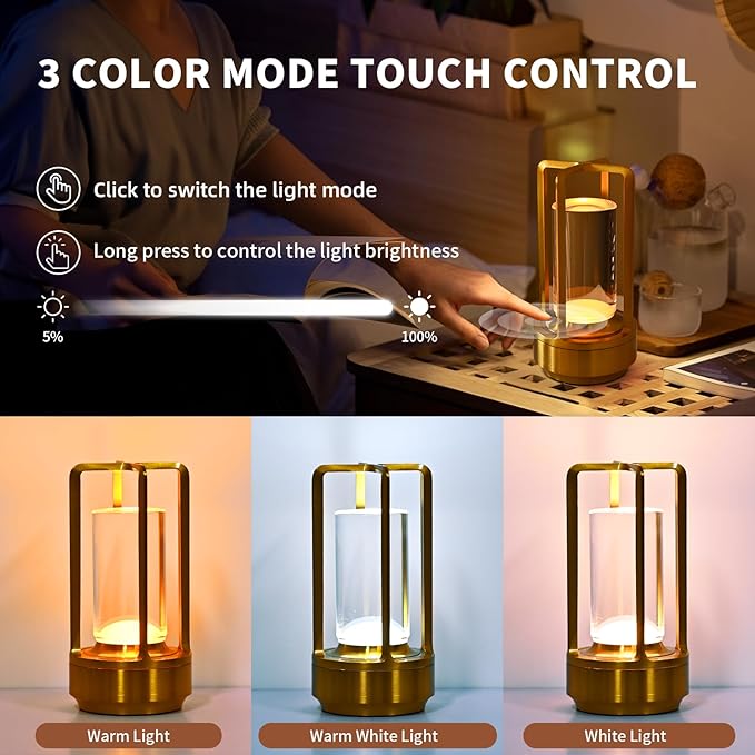 Crystal Lantern lamp with Touch Dimming, Rechargeable LED Table Lamp, 3-Color Adjustable Brightness,4200mAh Battery Powered Desk Light for Bedroom, Restaurant, Outdoor