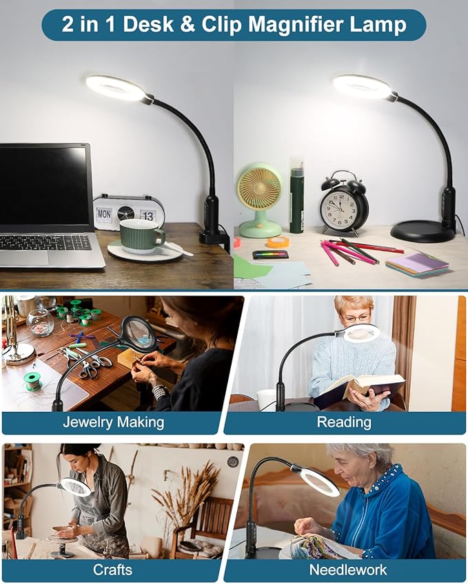 10X Magnifying Glass with Light and Stand, LED 5 Color Modes, Brightness Stepless Dimming Lighted Magnifier Hands Free with Flexible Goose-neck Desk Clamp Lamp for Close Works, Crafts, Hobby, Painting