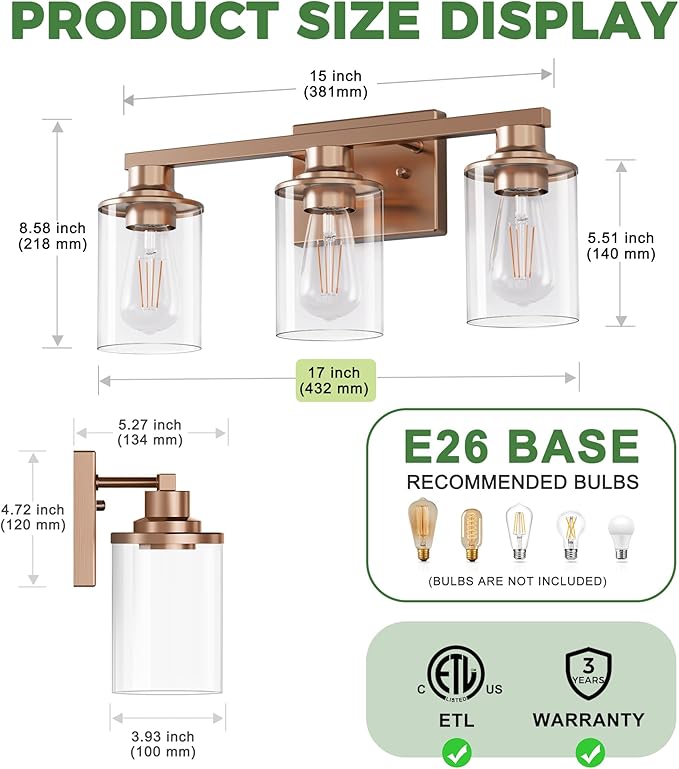 DORESshop 17 Inch Bathroom Light Fixtures, 3-Light Antique Patina Bathroom Lighting Fixtures Over Mirror with Clear Glass Shade, Vanity Lights for Living Room Bedroom