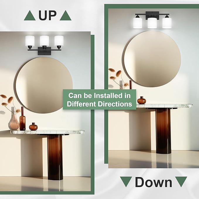 Black Bathroom Lights Over Mirror, Anti-rust Vanity Light Fixture for Bathroom, Modern 3-Light Wall Sconce Light for Living Room, Standard E26 Base, Milky White Glass Shades, Bulbs Not Included