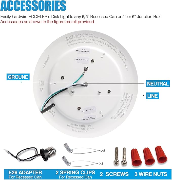 ECOELER 6” Dimmable LED Flush Mount Disc Lights, 16.5W, 1000Lm, 5000K Day Light, Surface Mount Ceiling Light Installs with Junction Box or Recessed Can, Energy Star & ETL-Listed, 24 Pack