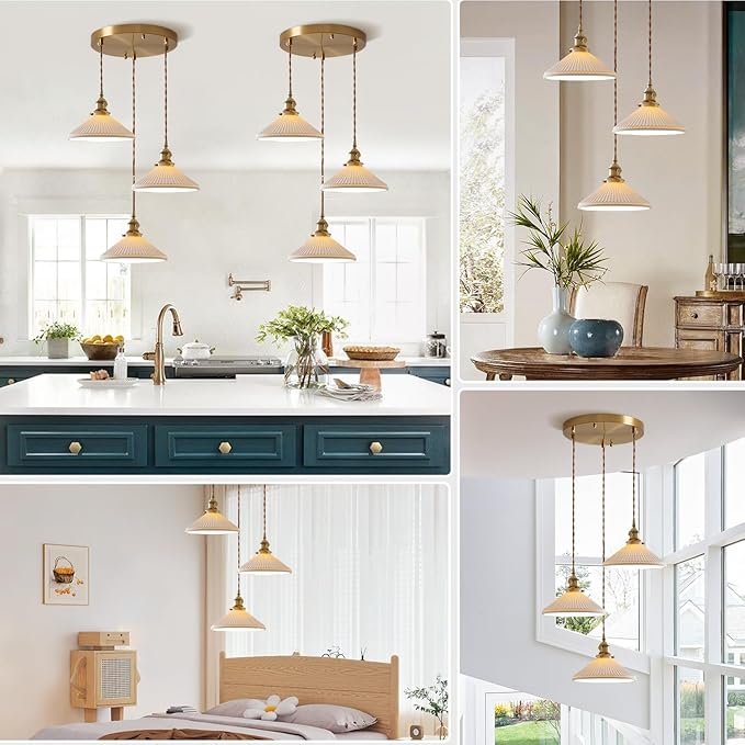 3 Light Pendant Lighting Brushed Gold Cluster Pendant Light Fixture Milk Glass Chandelier Modern Mid Century White Ceramic Cluster Hanging Pendant Lights Kitchen Island for Bedroom MPL16D-3R