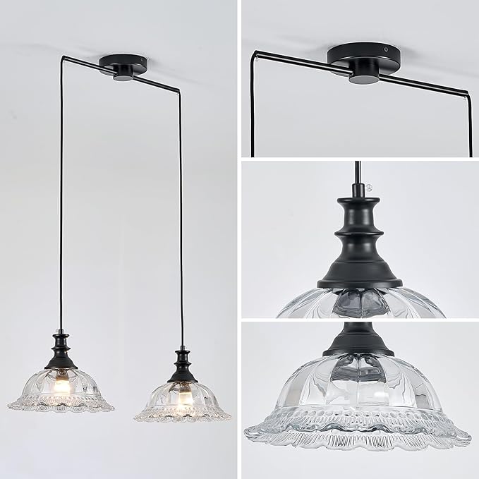 HDDFL 2 Light Pendant Light Fixtures Modern Glass Hanging Lights with Adjustable Cord for Kitchen Island Dining Room Living Room Hallway Black Metal