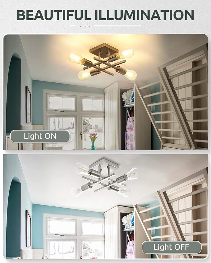 Industrial 4-Light Semi Flush Mount Ceiling Light Fixture, Modern Brushed Nickel Chandelier Lighting, Farmhouse E26 Base Sputnik Ceiling Lamp for Kitchen Bedroom Living Room Hallway