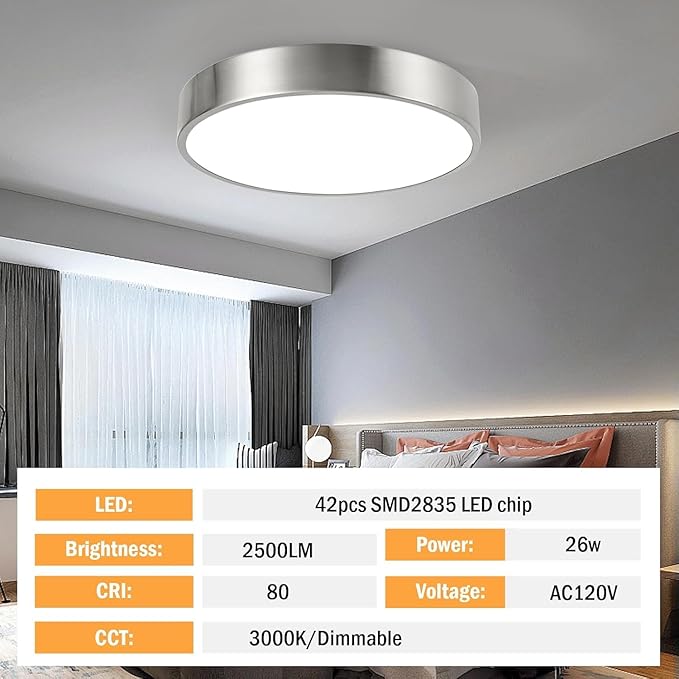 Modern Minimalist 13 Inch Ceiling Light, Dimmable 26W LED Ceiling Light Fixture with 3Color Temperatures, Brushed Nickel Flush Mount Ceiling Lighting Perfect for Bathroom & Bedroom