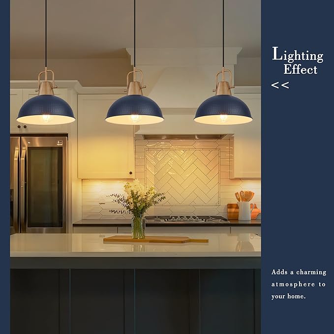 Emliviar Dome Pendant Light, Wood Adjustable Hanging Lamp with Hammered Metal Shade, Blue Finish, GE269MIL BL+WD