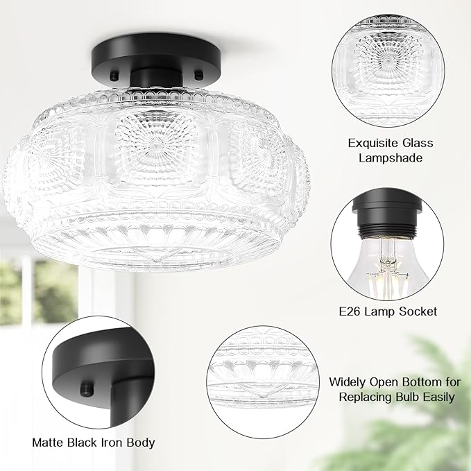 Semi Flush Mount Ceiling Light, Upgraded Larger Black Glass Ceiling Light Fixture, Vintage Lighting for Hallway Kitchen Bedroom Dining Room, Bulb Not Included