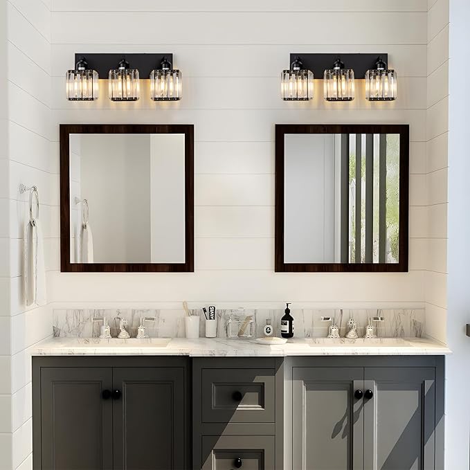 Black Bathroom Vanity Light 3 Lights, Crystal Bathroom Wall Light Fixtures Modern Vanity Light Over Mirror (Exclude Bulb)