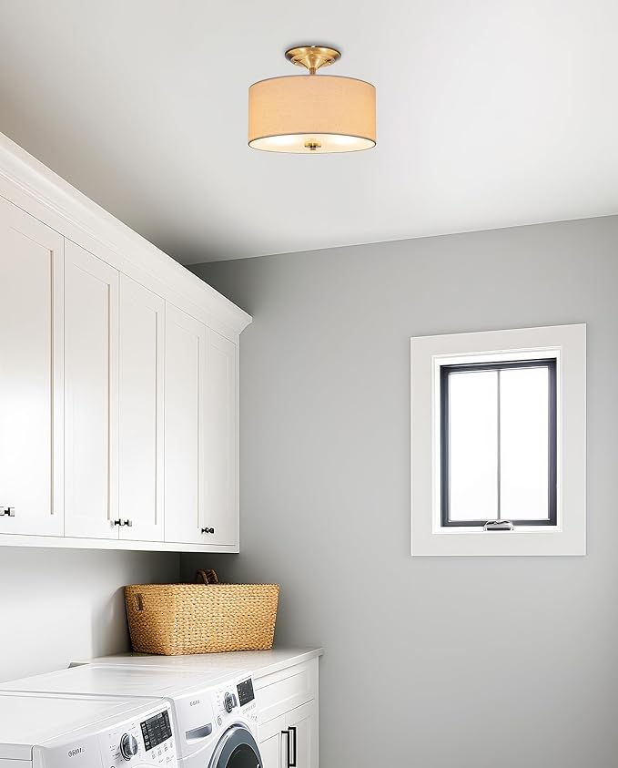 Kira Home Addison 13" Modern Drum Semi Flush Mount with Off-White Fabric Drum Shade, 2-Light Ceiling Light, Cool Brass Finish