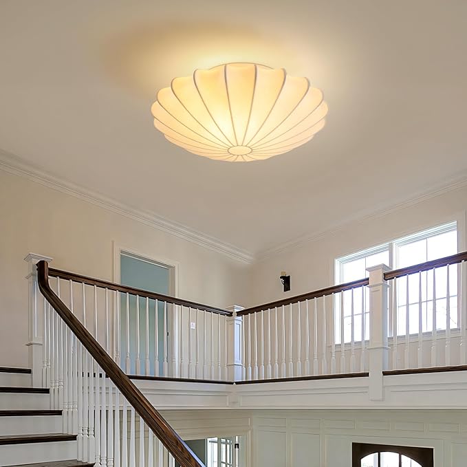 ziidoo 3-Light Semi Flush Mount Ceiling Light,23.6in White Imitation Silk Wabi Sabi Round Lantern 3000K Modern Close to Ceiling Light fixtures for Bedroom Living Room Entryway Hallway