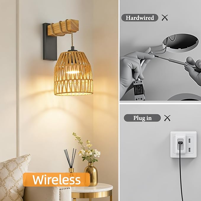 Boho Battery Operated Wall Sconce Set of Two, Rattan Rechargeable Wall Sconces with Remote,Wireless Sconces Set of 2 for Bedroom,Living Room,Entryway 15 Colors Dimmable-Matte Black