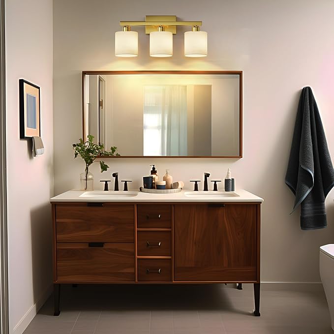 PARTPHONER Bathroom Light Fixtures, Bathroom Lighting Fixtures Over Mirror, Interior Classic Vanity Lights, Modern Vanity Light with Textured White Glass Shade, Brushed Gold, 3-Light