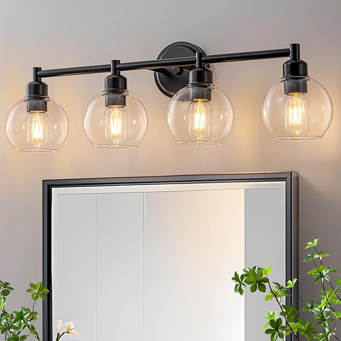 Bathroom Light Fixtures,4-Light Modern Bathroom Vanity Light,Black Wall Sconce with Clear Glass Globe Shades,Adjustable Brightness Wall Lights for Kitchen,Bedroom,Hallway,Living Room