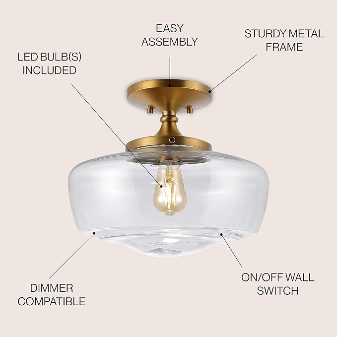 JONATHAN Y 14" Brass Gold Modern Farmhouse LED Flush Mount Light Fixture, Clear Glass Shade, Rustic Industrial Schoolhouse Lamp for Kitchen Hallway Bedroom (JYL7517B)