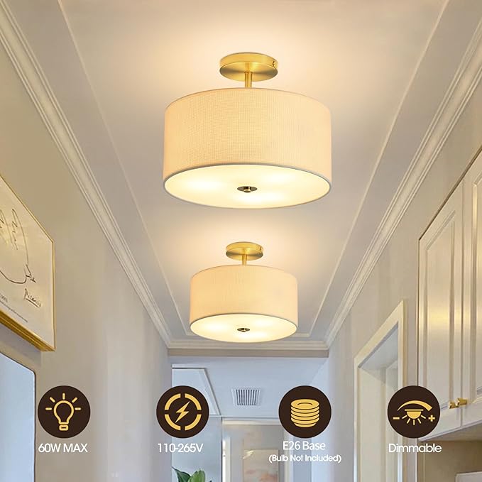 Fabric Semi Flush Mount Lighting Fixture, Modern Semi Chandeliers, Drum Farmhouse Ceiling Light, White Fabric Shade 3-Light for Kitchen Island Bedroom Hallway Foyer, E26, W12xH14
