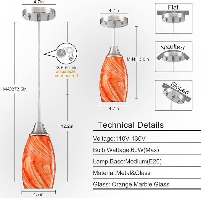Viinew Mini Glass Pendant Light 4.72" with Handblown Orange Marble Art Glass Hanging Light 3-Pack Oval Ceiling Hanging Light Fixture for Dining Room Kitchen Island Cafe Foyer Hallway