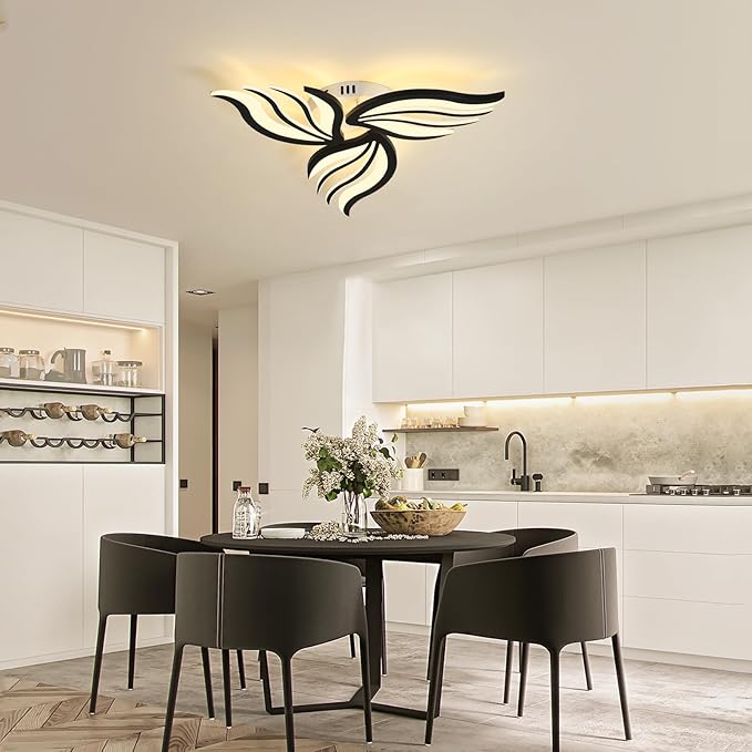 Becailyer 26.7" LED Flower Ceiling Lamp, Dimmable Modern Close to Ceiling Lights with Remote Control, 30W Acrylic 3-Petals Flush Mount Ceiling Lighting Fixtures for Bedroom Dining Room Kitchen, Black