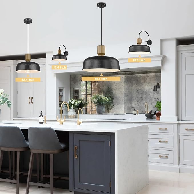 Farmhouse Pendant Lights, 2pcs Adjustable Hanging Light Fixtures with Hammered Metal Shade, 18.1 Inch Pendant Lighting for Kitchen Island, Black