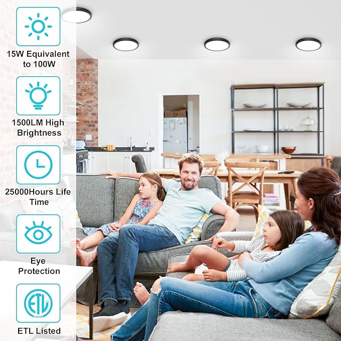 libtit 6Pack 7 inch Flush Mount Ceiling Light - 15W 1500Lm Surface Mount LED Light Fixture,3000k/4000k/6500k Color Selectable, Black Thin Flat Round LED Lamp for Bathroom Kitchen Laundry