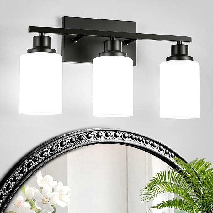 3-Light Black Bathroom Light Fixture Over Mirror,Modern Farmhouse Vanity Light,Wall Sconces with Milky White Glass Shade for Bathroom,Bedroom, Living Room,Staircase,Hallway E26