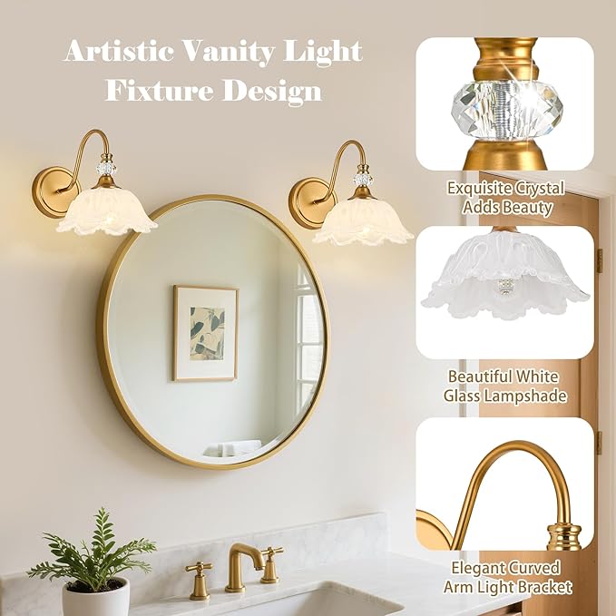 1 Piece Vintage Wall Sconce with Floral White Glass Shade, Matte Brass Finish Wall Sconce for Bathroom, Vintage Bathroom Vanity Light Fixture