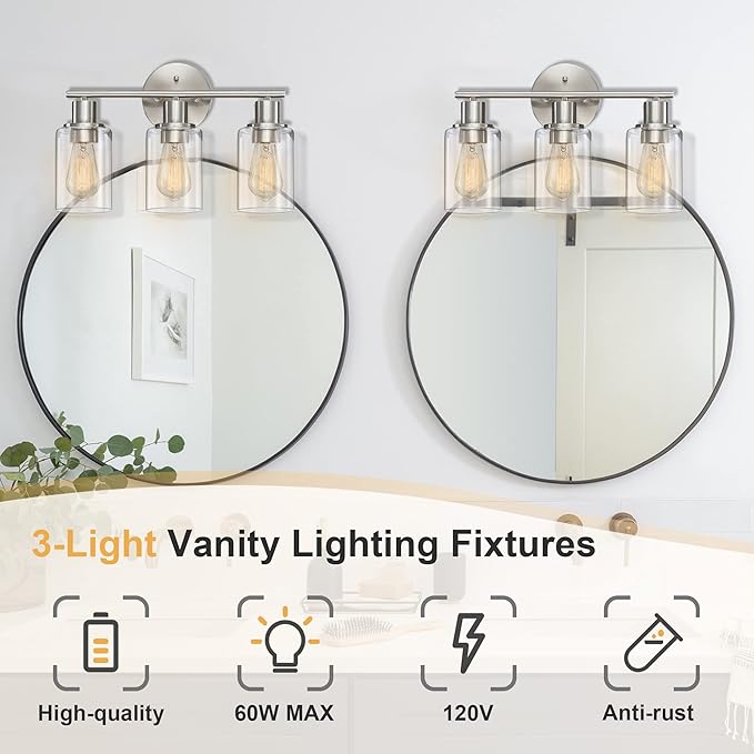 Pia Ricco 3-Light Bathroom Vanity Light Fixtures, Brushed Nickel Vanity Lights with Clear Glass Shades,Modern Wall Lights Over Mirror, Bath Wall Sconces for Mirror Living Room Bedroom Hallway