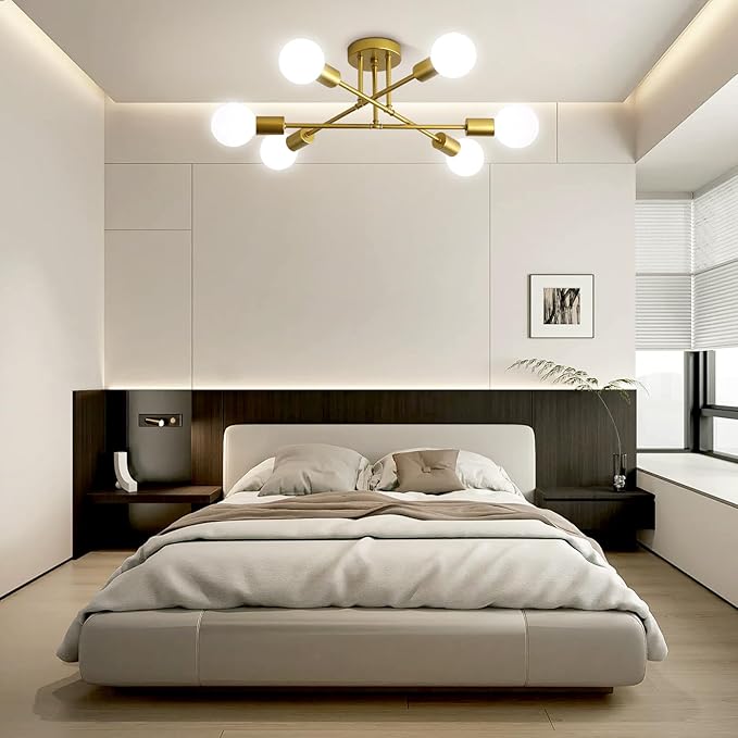 Ceiling Light Fixture, 6-Light Ceiling Light Chandelier, Modern Dinning Room Light Fixture, Sputnik Gold Light Fixtures Ceiling Mount, Semi Flush Mount Ceiling Light Fixtures for Living Room