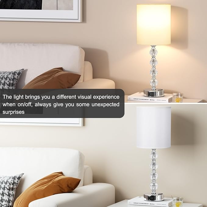 Acaxin Touch Bedside Crystal Lamps for Bedrooms Nightstand with USB C+A Charging Port and AC Outlet White, 3 Way Dimmable Silver Large End Side Table Lamp for Living/Guest/Dinning Room/Kitchen