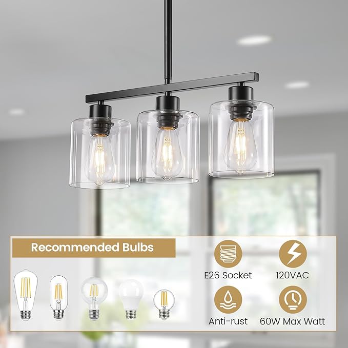 3-Light Kitchen Island Lighting, Black Pendant Light Fixture, Farmhouse Dining Room Light Fixtures Over Table, Modern Hanging Light Fixtures with Clear Glass, E26 Base, Bulbs Not Included