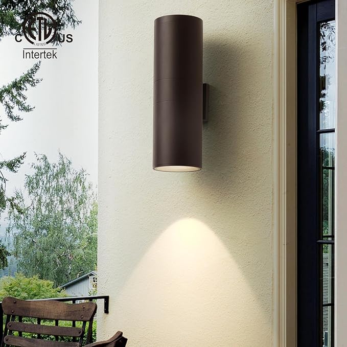 mirrea 18" Modern Outdoor Porch Light Patio Light in 2 Lights with Aluminum Cylinder and Tempered Glass Cover Waterproof Wall Sconce 2 Pack (Oil Rubbed Bronze)