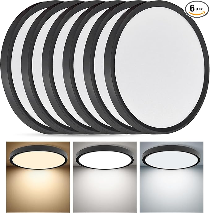 6PK 12 Inch Super Slim LED Flush Mount Ceiling Light, 24W, 2520LM, Selectable 3000K/4000K/6000K CCT, Low Profile Round Flat Panel Light for Bedroom, Kitchen, Hallway (Black)