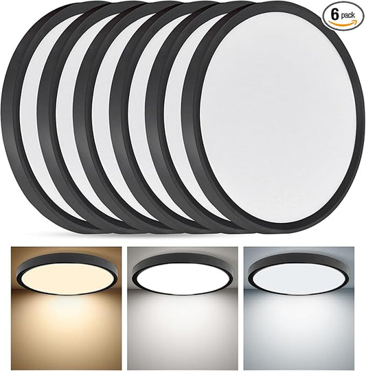 6PK 12 Inch Super Slim LED Flush Mount Ceiling Light, 24W, 2520LM, Selectable 3000K/4000K/6000K CCT, Low Profile Round Flat Panel Light for Bedroom, Kitchen, Hallway (Black)