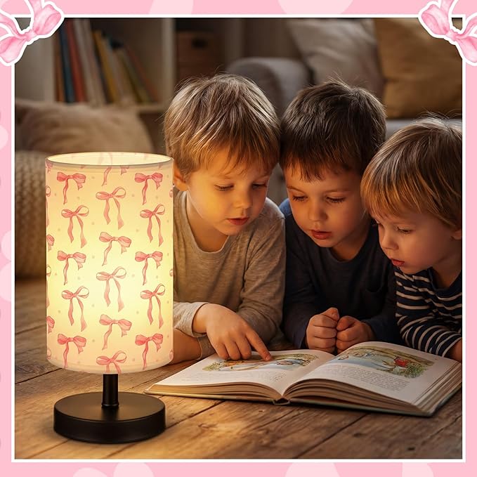 Glooglitter Pink Bow Table Lamp Gifts 3 Colors Dimmable Lights 11.02 x 5.12 Inch Night Light Bedside Lamps Decoration for Bedroom Desk Birthday Gifts for Home Decor